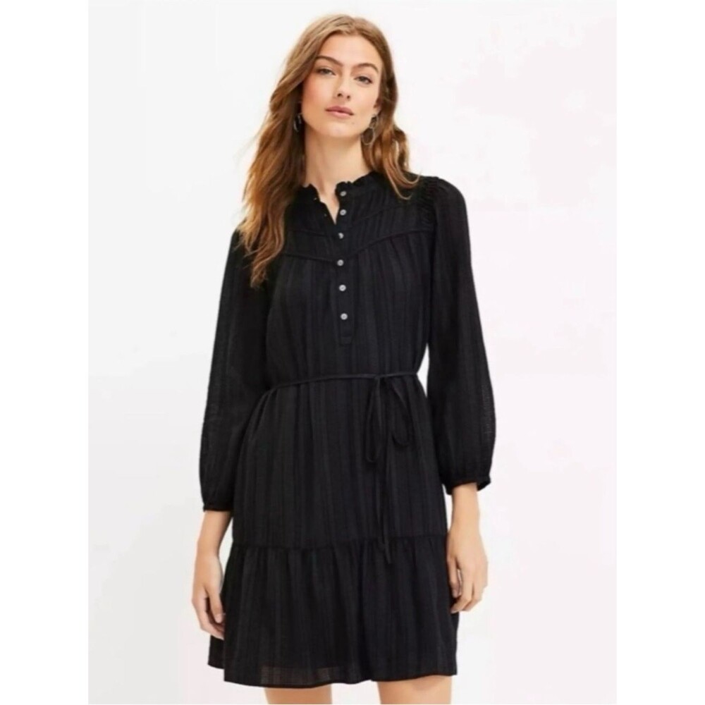 LOFT Black Long-Sleeve Tiered Ruffle Collar Dress